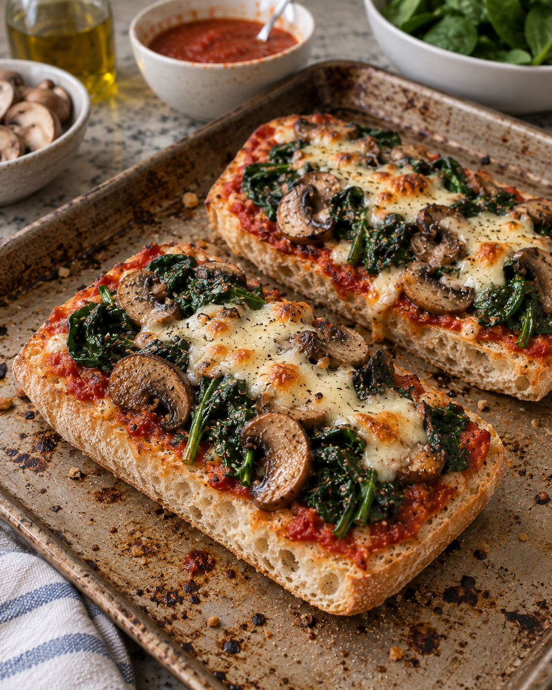 Mushroom Spinach Ciabatta Pizzas